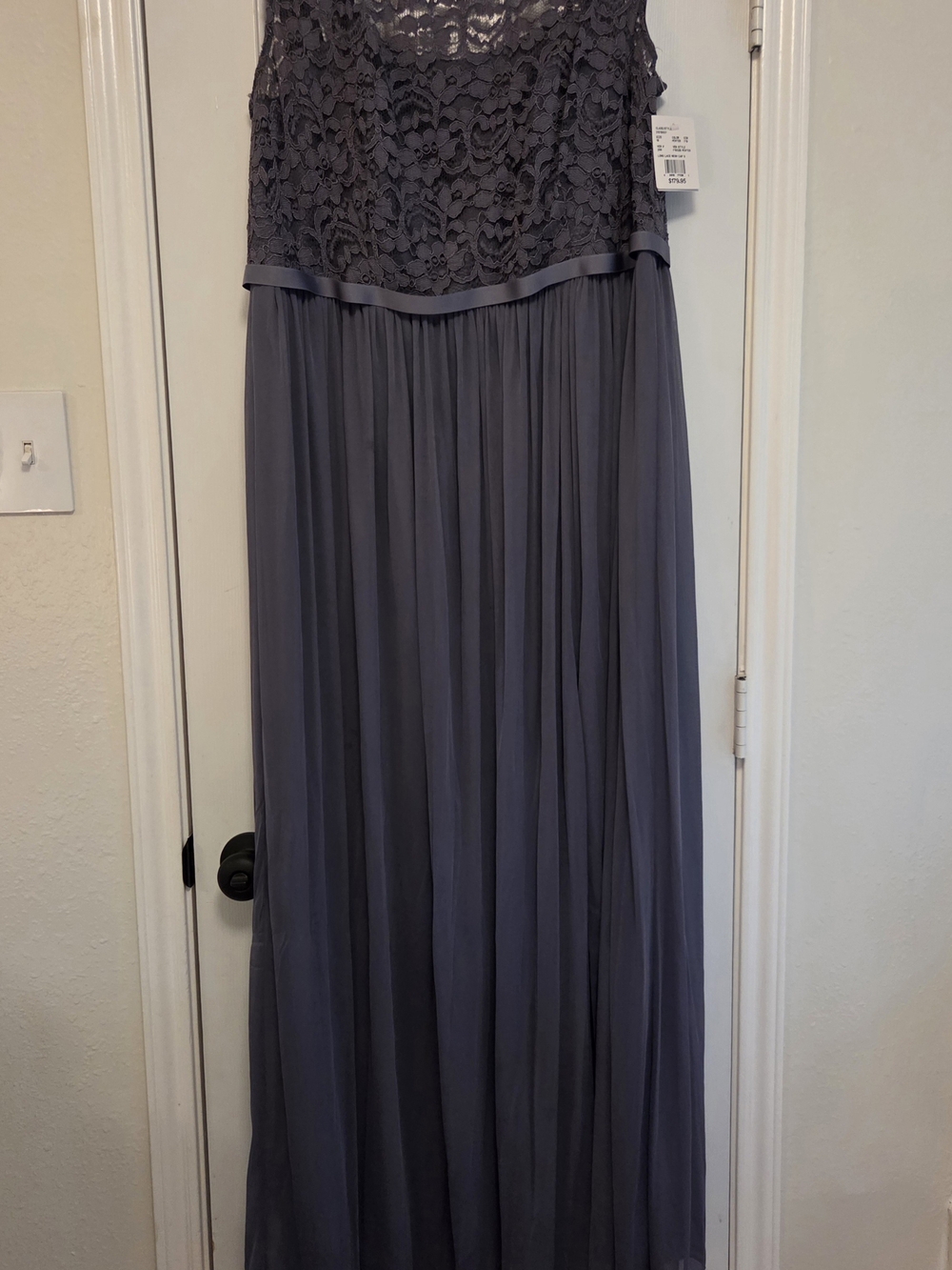 David's Bridal Lace Bodice Chiffon Floor-Length Gown in Slate Gray